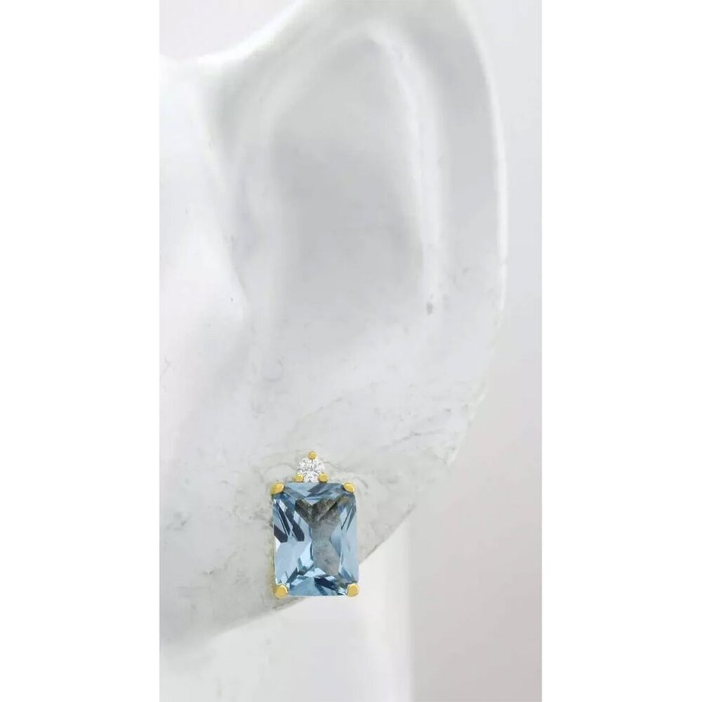 Created 3.50 Cts Aquamarine & White Sapphire Stud Earring .925 Silver - Picture 3 of 4